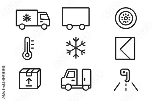 Refrigerated Truck Icons. Refrigerated trucks. Line icon set of refrigerated trucks: refrigerated truck, cargo area, wheel, thermometer, snowflake, insulation