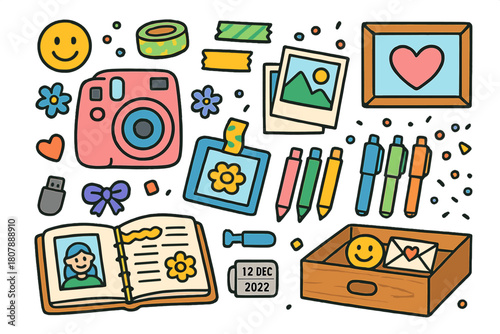 Home Memory Keepsakes. Memory keeping at home. Colorful Hand-drawn doodle Children illustration Memory keeping at home instant camera, photo prints, scrapbook,