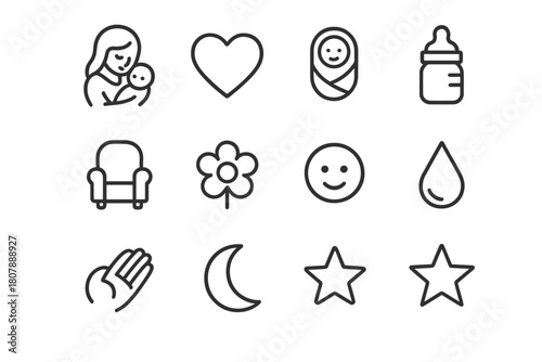 Maternal Icon Set. Maternal Warmth. Line icon set of Maternal Warmth: mother, baby, heart, blanket, bottle, chair, flower, smile, droplet, hand, moon, star.
