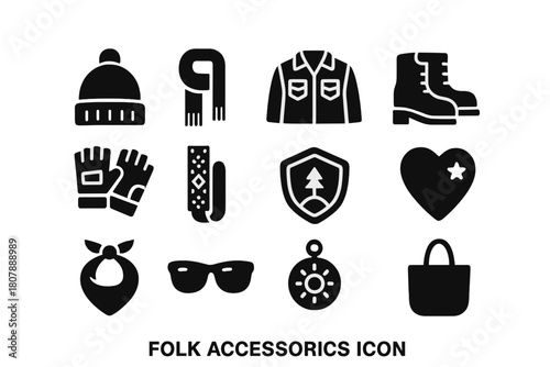 Folk Accessories Icons. Folk Accessories. Solid icon set of Folk Accessories: knit beanie, scarf, denim jacket, leather boots, fingerless gloves, patterned