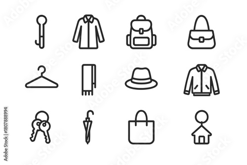 Organized Hallway Icons. Organized hallway system. Line icon set of Organized hallway system: wall hook, backpack, coat, handbag, hanger, scarf, hat, jacket,