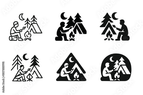Campfire Logo Variations. A person sitting by a campfire in the woods, roasting marshmallows and telling stories. Icon set. Set Logo of A person sitting by a