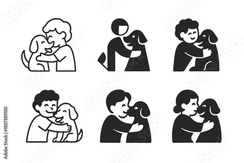 Joyful Pet Logos. joyful pets playing with their owners. Icon set. Set Logo of joyful pets playing with their owners: pet and owner high five. harmonious logo
