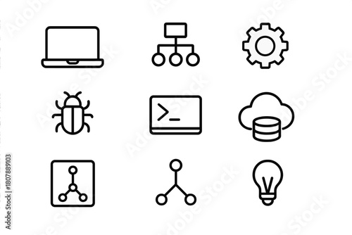 Software Development Icons. Software Development. Line icon set of Software Development: code editor, terminal window, brackets, database icon, gear,