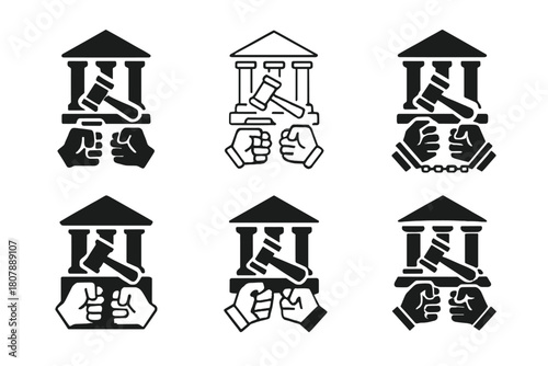 Arrest Scene Icons. Person Arrested on Suspicion of Crime. Icon set. Set Logo of Arrest Scene: courthouse and gavel symbol. harmonious logo variations of the