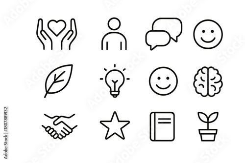 Support and Empathy Icons. Support and Empathy. Line icon set of Support and Empathy: hands holding heart, person, chat bubble, leaf, light bulb, smile,
