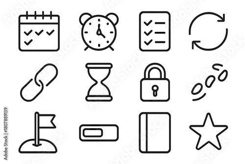 Discipline Icon Set. Discipline and consistency. Line icon set of discipline and consistency: calendar streak, alarm clock, checklist, habit loop arrow, chain