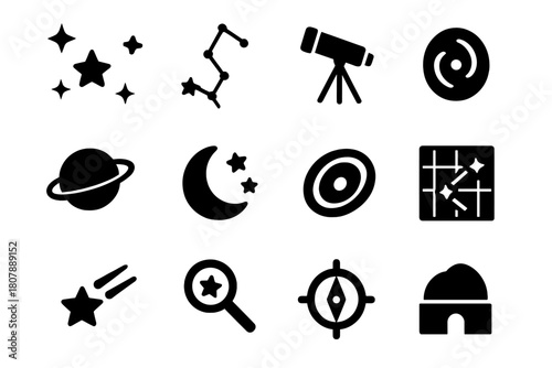Astronomical Icon Set. Astronomical navigation. Line icon set of astronomical navigation: telescope, constellation, star chart, North Star, astrolabe, globe,