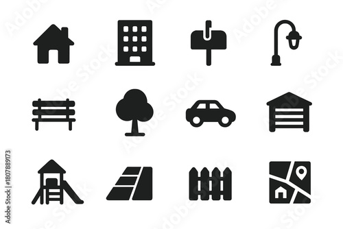 Residential Icons Set. Residential district. Solid icon set of Residential district: house, apartment building, mailbox, street lamp, park bench, tree, car,