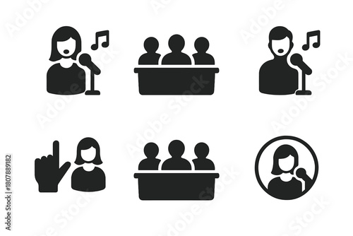 Singer Audition Icons. Auditions and casting calls for singers. Icon set. Set Logo of Jury Panel: Judges listening. Negative space, Minimal outline,