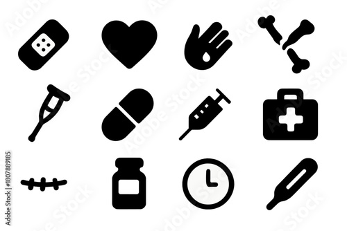 Healing Process Icons. Healing process. Solid icon set of Healing process: bandage, heart, wound, broken bone, crutch, pill, syringe, first aid kit, scar,