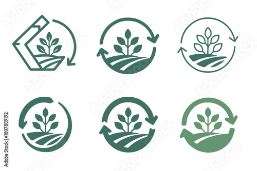 Sustainable Farming Icons. Sustainable farming. Icon set. Set Logo of Sustainable farming: Tractor in field. harmonious logo variations of the same emblematic
