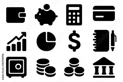 Wealth Icons Grid. Wealth Planning. Solid icon set of Wealth Planning: wallet, piggy bank, calculator, credit card, bar chart, pie chart, dollar