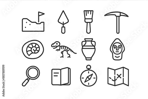 Archaeological Icon Set. Dig site exploration. Line icon set of Dig site exploration: excavation site, trowel, brush, pickaxe, fossil, skeleton, ancient