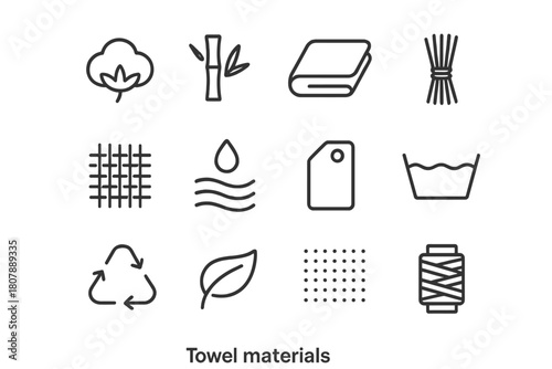 Towel Material Icons. Towel materials. Line icon set of towel materials: cotton plant, bamboo stalk, microfiber cloth, linen fiber, fabric weave, droplet