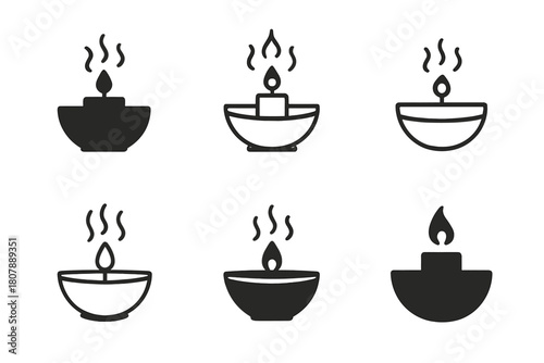 Aromatherapy Icon Set. Aromatherapy. Icon set. Set Logo of aromatherapy: steaming bowl symbolizing relaxation and healing. harmonious logo variations of the