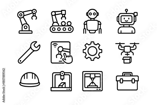 Industrial Robotics Icons. Industrial robotics. Line icon set of Industrial robotics: robotic arm, conveyor belt, humanoid robot, AI assistant, wrench, tablet