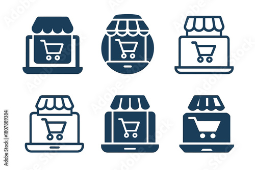 Ecommerce Impact Logos. the influence of online shopping on brick-and-mortar stores. Icon set. Set Logo of the influence of online shopping on brick-and-mortar