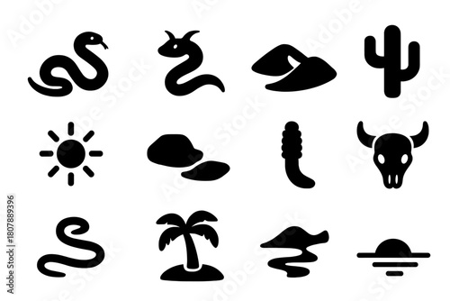 Desert Snake Icons. Desert Snakes. Solid icon set of Desert Snakes: sand viper, horned snake, sand dune, cactus, sun symbol, rock shadow, rattlesnake rattle,