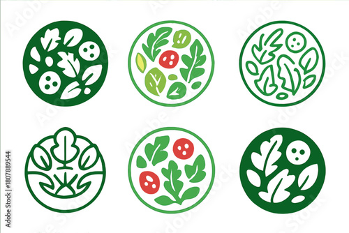 Salad Logo Variations. Salad bowl. Icon set. Set Logo of salad bowl: top view of mixed salad ingredients. harmonious logo variations of the same emblematic