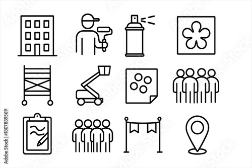 City Mural Icons. City Mural Painting Events. Line icon set of City Mural Painting Events: city wall facade, artist with roller, spray can, paint bucket,