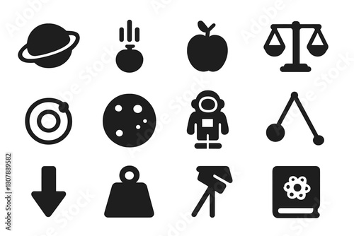 Physics Icons Set. Fundamental physics. Solid icon set of Fundamental physics: planet, moon, orbit, apple, falling object, scale, pendulum,