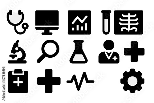 Medical Icon Set. Medical Support. Solid icon set of Medical Support: doctor, nurse, hospital, stethoscope, wheelchair, ambulance, prescription, medical cross,
