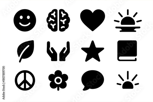 Positive Mindset Icons. Positive mindset. Solid icon set of Positive mindset: smiling face, brain, heart, sunrise, leaf, open hands, star, book, peace symbol,