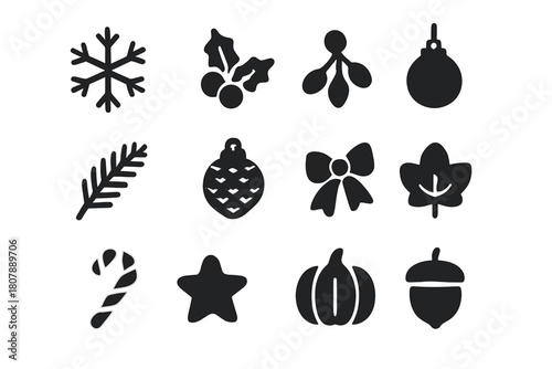 Seasonal Icon Collection. Seasonal Details. Solid icon set of Seasonal Details: snowflake, holly, mistletoe, evergreen branch, pinecone, ornament, candy cane,
