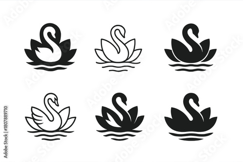 Swan Logos Collection. Swans. Icon set. Set Logo of swans: pair of swans forming a heart shape with their necks. harmonious logo variations of the same