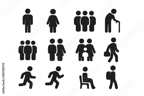 People Icon Collection. People. Solid icon set of People: man, woman, child, elderly person, group of people, couple, family, person with briefcase, person