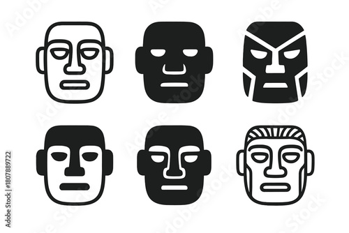 Stone Carvings Icons. Stone carvings. Icon set. Set Logo of Stone carvings: Stone mask. harmonious logo variations of the same emblematic concept, each with