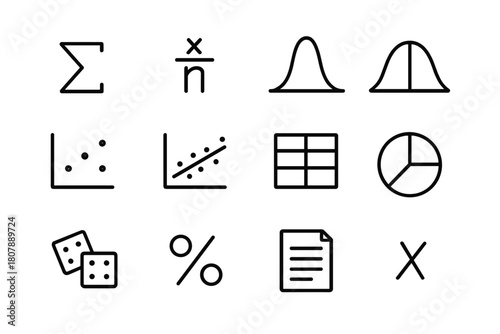 Statistical Formula Icons. Statistical formulas. Line icon set of statistical formulas: sigma symbol, mean average, bar chart, bell curve, scatter plot,