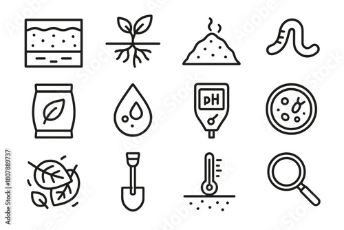 Soil Health Icons. Soil health. Line icon set of Soil health: soil profile, plant roots, compost heap, earthworm, fertilizer bag, moisture drop, pH meter,