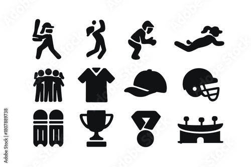 Women's Cricket Icons. Women?s Cricket. Solid icon set of Women?s Cricket: women batter, women bowler, wicketkeeper, fielder dive, team huddle, jersey, cap,