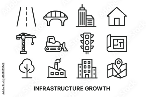 Infrastructure Line Icons. Infrastructure growth. Line icon set of Infrastructure growth: road, bridge, skyscraper, house, construction crane, bulldozer,