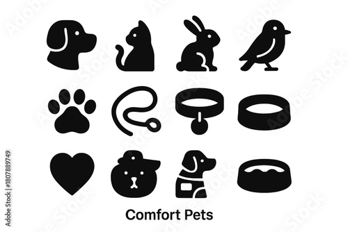 Comfort Pet Icons. Comfort Pets. Solid icon set of Comfort Pets: dog, cat, rabbit, bird, hamster, paw print, leash, collar, pet bed, heart symbol, therapy