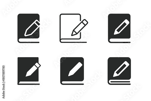 Sketchbook Logo Variations. Sketchbook and pencil on desk. Icon set. Set Logo of sketchbook and pencil on desk: pencil and notebook angled view. harmonious