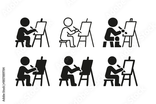 Children's Hobby Icons. Children's hobbies (reading, cycling, painting). Icon set. Set Logo of children's hobbies: outdoor cycling scene. harmonious logo