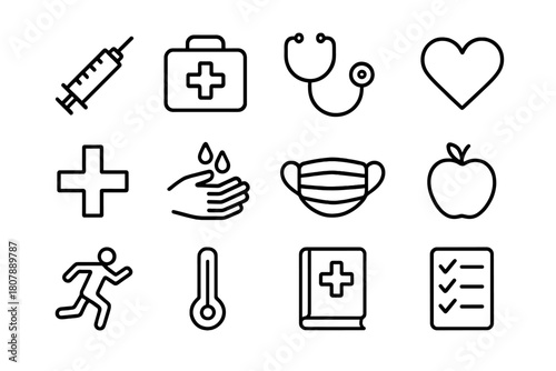 Preventive Measures Icons. Preventive measures. Line icon set of Preventive measures: syringe, first aid kit, stethoscope, heart, medical cross, hand washing,