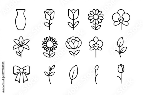 Floral Icon Collection. Floral arrangement. Line icon set of floral arrangement: vase, rose, tulip, daisy, lily, sunflower, peony, orchid, ribbon, stem, leaf,