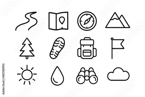 Trail Icon Set. Trail Exploration. Line icon set of Trail Exploration: path, map, compass, mountain, pine tree, shoe print, backpack, flag, sun, droplet,
