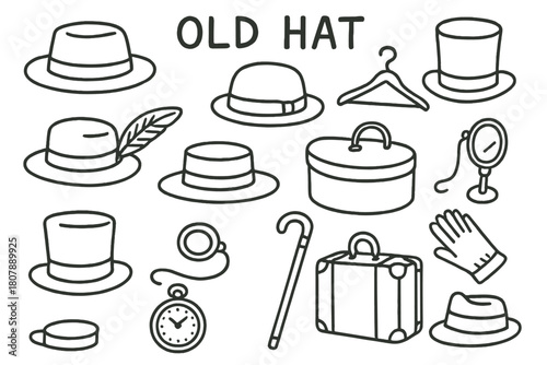 Vintage Hat Collection. Old Hat. Hand-drawn doodle illustration Old Hat vintage hat, fedora, bowler hat, top hat, straw hat, ribbon band, feather, hat box,
