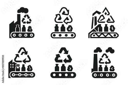 Industrial Pollution Logos. Reducing industrial pollution through waste management. Icon set. Set Logo of reducing industrial pollution through waste