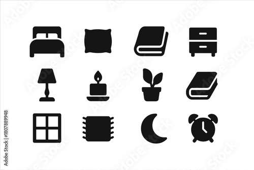 Calming Bedroom Icons. Calming bedroom. Solid icon set of Calming bedroom: bed, pillow, blanket, nightstand, lamp, candle, plant, book, window, rug, moon,