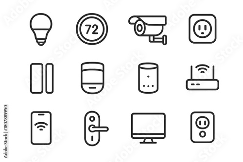 Smart Home Icon Set. Home automation. Line icon set of home automation: smartphone, Wi-Fi, thermostat, lamp, light bulb, outlet, remote control, gear, plug,