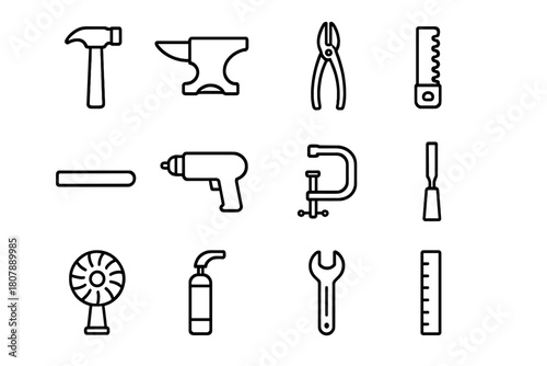 Craft Metal Tools Icons. Craft Metal Tools. Line icon set of Craft Metal Tools: hammer, anvil, pliers, saw, file, drill, clamp, chisel, polishing wheel, torch,