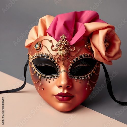 Intricately designed masquerade mask with elegant embellishments and rose against a soft background
