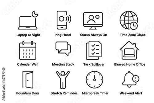 Remote Overwork Icons. Remote overwork patterns. Line icon set of remote overwork patterns: laptop at night, ping flood, status always on, time zone globe,