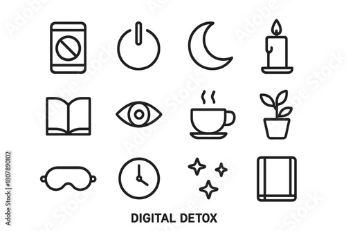 Digital Detox Icons. Digital detox and mindfulness practices. Icon set. Set Logo of digital detox and mindfulness practices: smartphone transforming into a